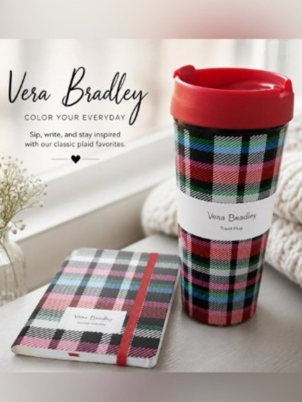 VERA BRADLEY Ribbons Plaid 3‑Pc Gift Set – Travel Mug, Journal & Pen – NWT